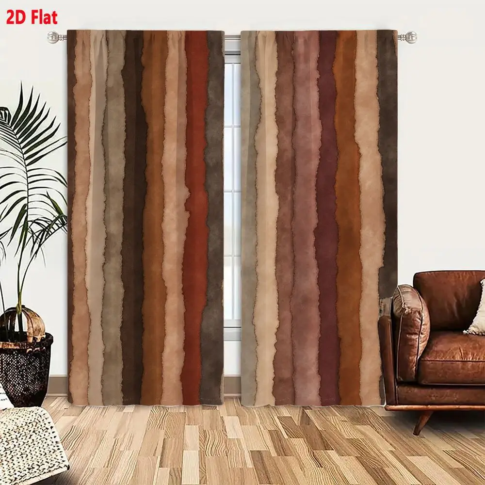 2Pcs Curtains 2D Flat Vertical Pattern Textured Irregular Stripes Earthy Tones Beige Brown Tan Rust Mauve Gray Watercolor Style