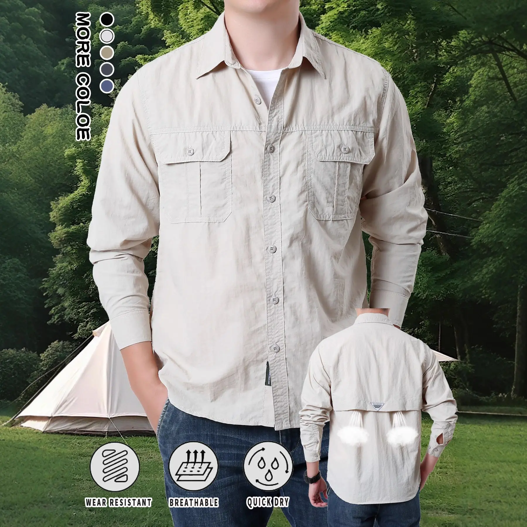 夏用メンズupf50-シャツ-カジュアル長袖フィッシングハイキングシャツ-軽量タクティカルボタンダウンシャツ-通気性バックメッシュ