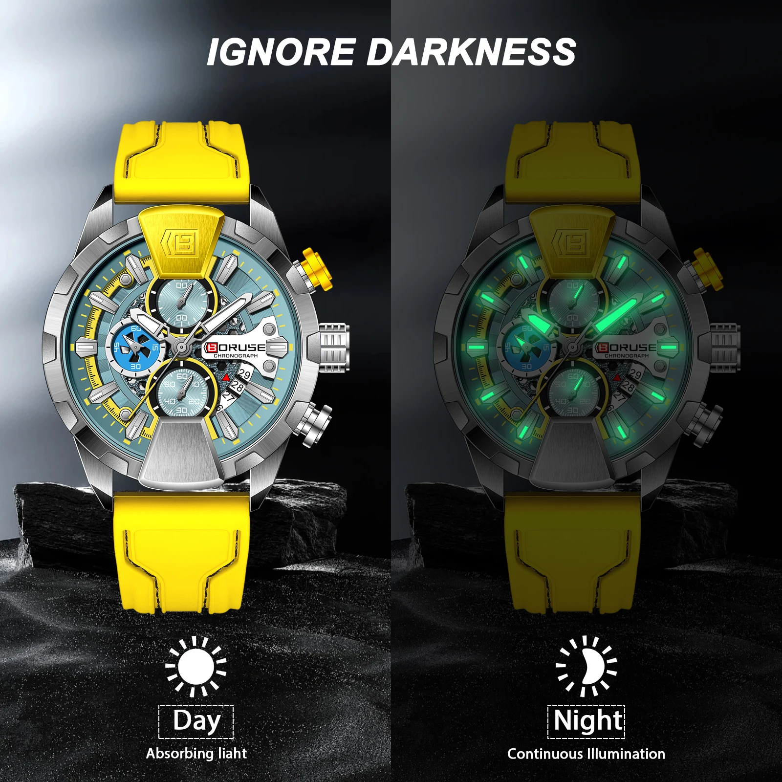 BORUSE Yellow Watches for Men Business Chronograph  Silicone Waterproof Quartz Wristwatch Reloj Hombre