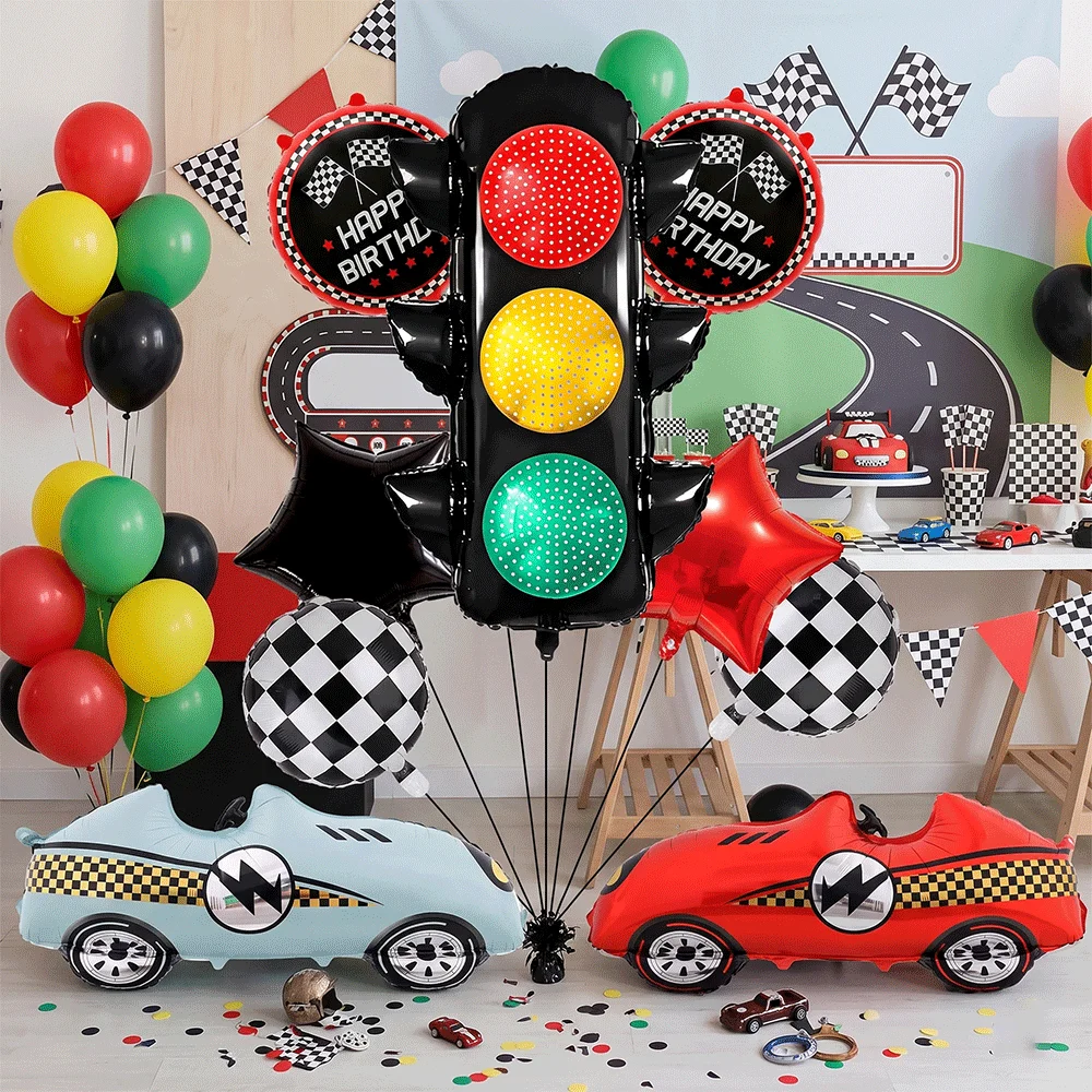 Racing Theme Party Decor Black and White Plaid Wheel Foil Balloon Sport Car Traffic Light Balloon Birthday Racing Party Supplies