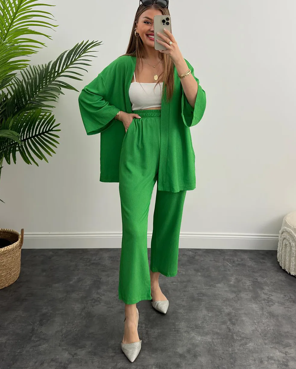 Autumn Womans Loose Sleepwear Two-piece Set Flare Long Sleeved Cardigan + Pleated Wide Leg Pants Home Suit Female Casual Pajamas