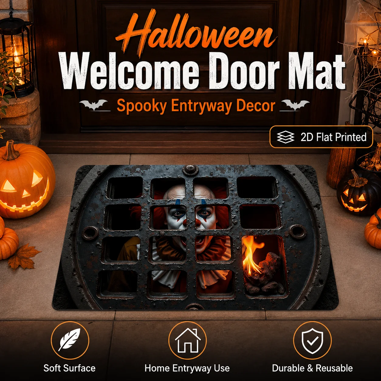 

Halloween Scary Clown 2D Flat Printed Felt Door Mat Spooky Sewer Welcome Rug Home Entryway Front Porch Anti-Slip Floor Carpet