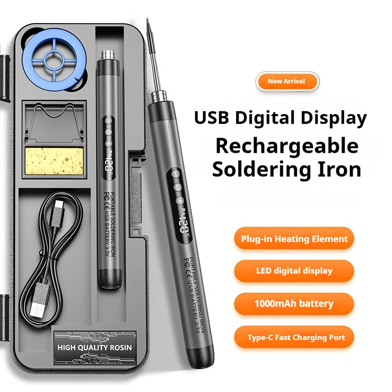 Conjunto de Ferro de Solda Portátil Sem Fio, Ferro de Solda Sem Fio com Display Digital e Carregamento USB de 1000mAh, com Fio de Solda e Limpeza de Resina