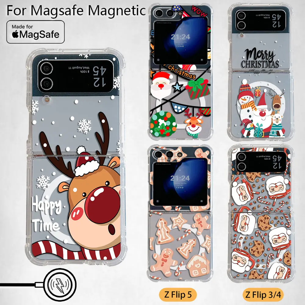 Christmas Pattern Magsafe Magnetic Phone Case for Samsung Galaxy Z Flip 3 4 Z Flip 5 6 Z 5G Soft Transparent Back Cover