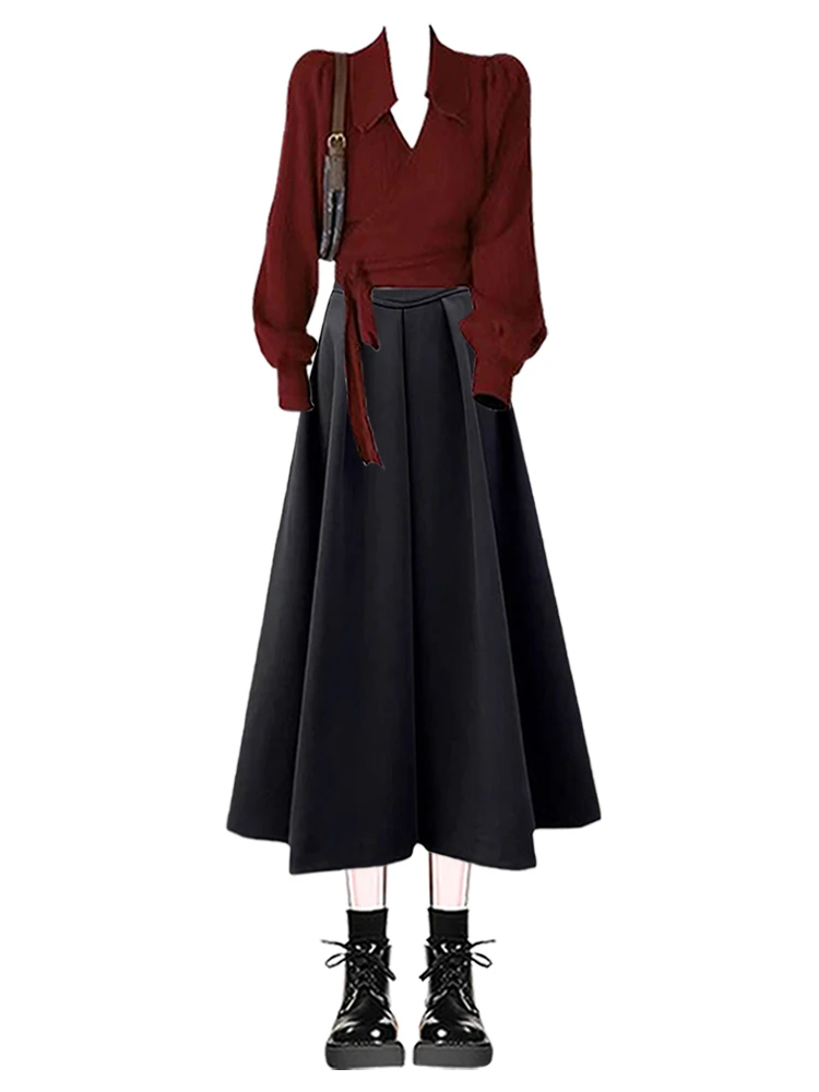 Retro Pure Desire Design Ort Tie Top Damen Frühling 2025, neue Eleganz, High-End-Feel-F-Rock-Set, koreanisches Sle Long Sve