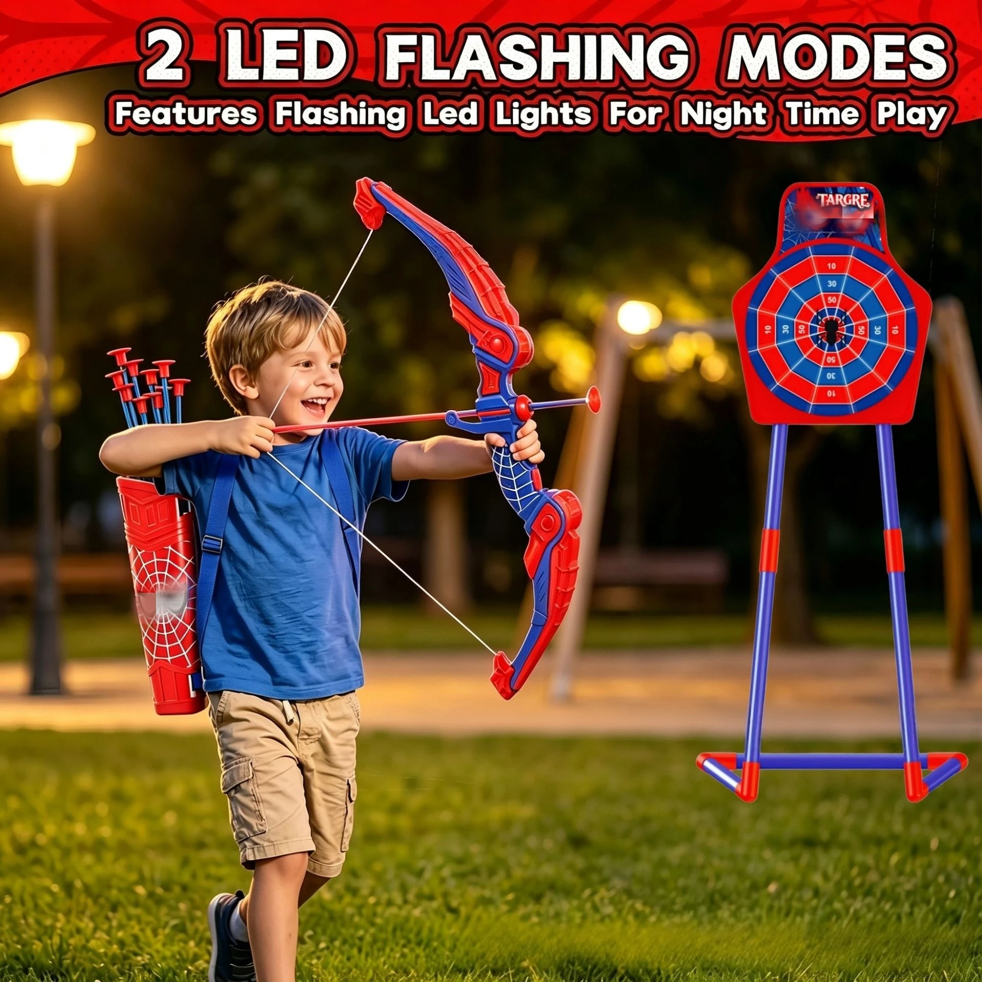 Children's Eye Pattern Light-Up Bow And Arrow Set with Large Support Dart Board - Outdoor Sports Toy for Boys Ideal Christmas Or