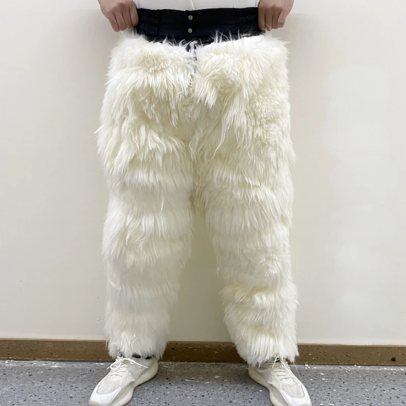 High Waisted Woolen Pants Men Thickened Warm Winter Trousers Fur Lining Long Wool Outdoor Snow Men's Clothing Baggy Pants