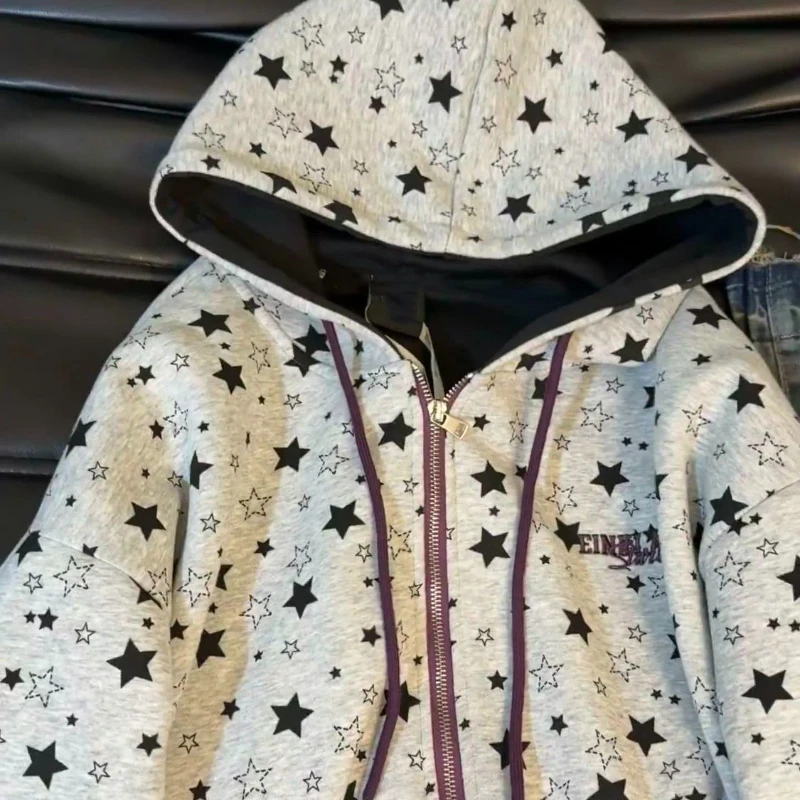 Deeptown Y2k Vintage Star Print Hoodies Women Harajuku Hip Hop Zip Up Sweatshirts Retro Gothic Oversize Casual Hoodies Street