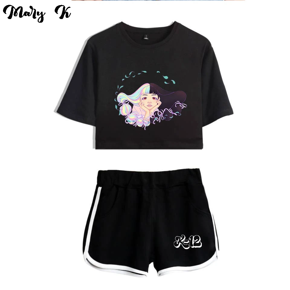 Fashion Youthful Print Melanie Martinez K-12 Short Sleeve Sexy Shorts+lovely T-shirts Dew navel Girl suits Two Piece Set