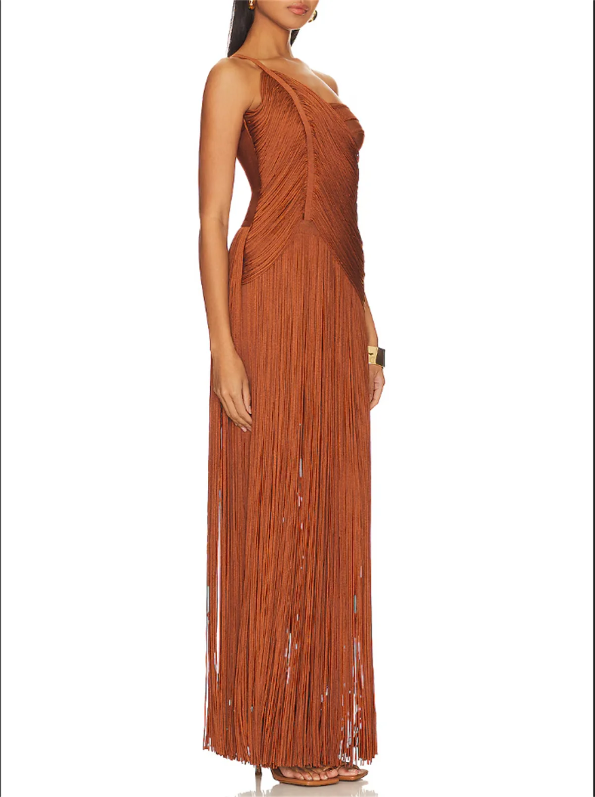 Fashion Brown One Shoulder Prom Dress Sleeveless Satin Fringe Skirt Evening Dress Sexy Cutout Slit Special Occasion 2024 Custom