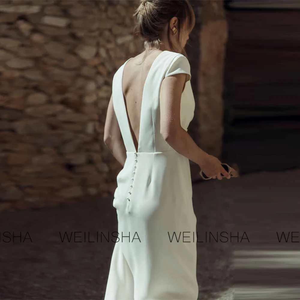 Modern Wedding Dresses Jersey Sheath/Column Wedding Party Dresses Ivory V-neck Pleat Split Backless Pearls Wedding Dresses Women