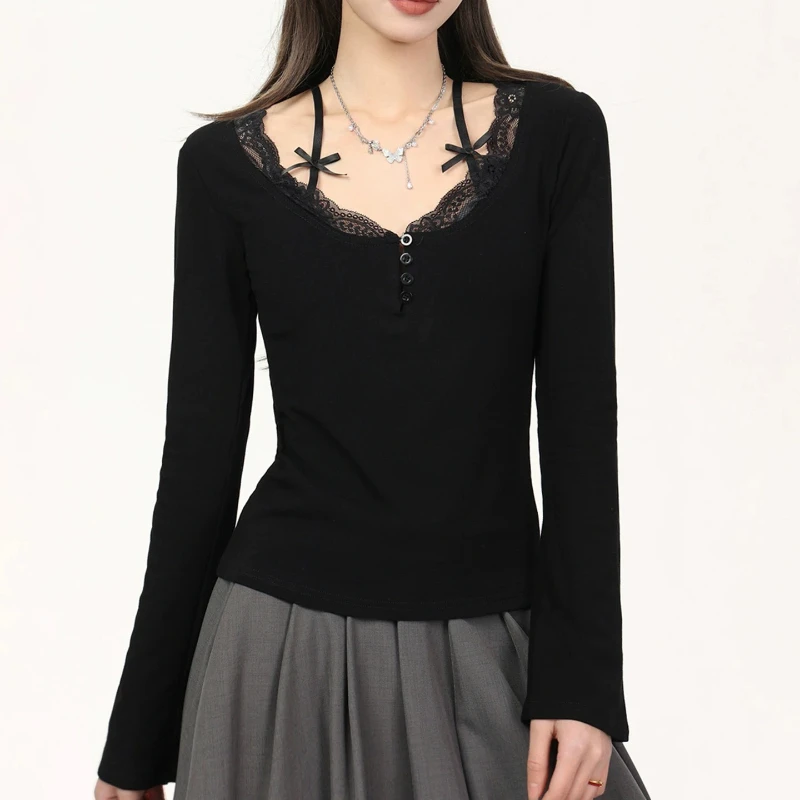 Roupas Feminina Autumn Sweet Lace Stitching V-neck Skinny Top White Coquette Aesthetic Slim-fit Long Sleeve T-shirts Casual Tees