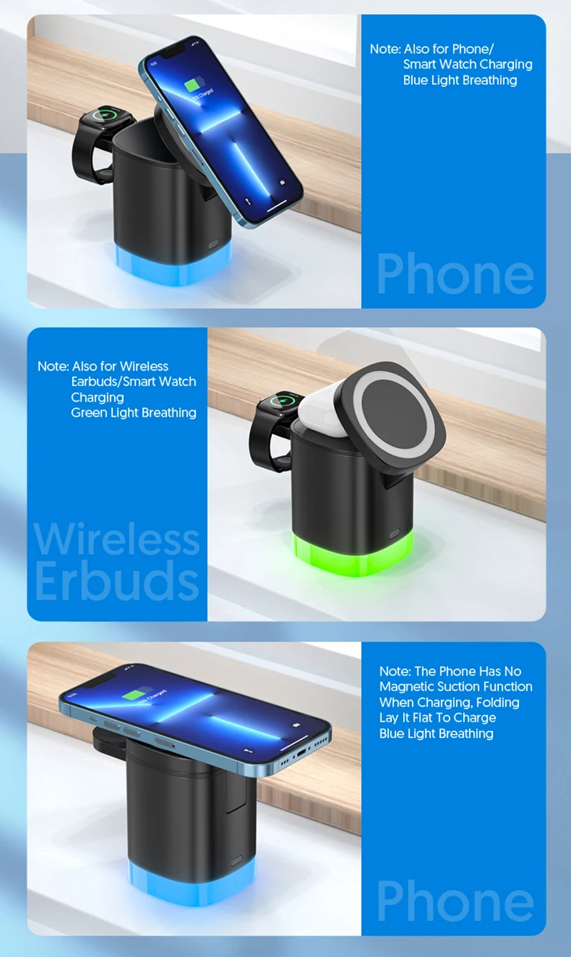 3 in 1 Wireless Charger with Strong Magnetic Absorption,Travel Charging Station for iPhone14/13/12 Series,AirPods 3/2/Pro,iWatch