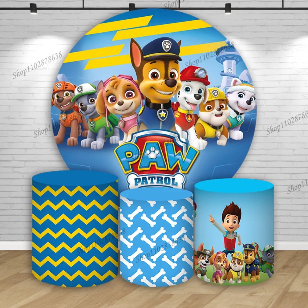 

Paw Patrol Backdrop Birthday Decor Boy Party Event Round Background Baby Shower Blues Dogs Elastic Cylinder Cover Banner