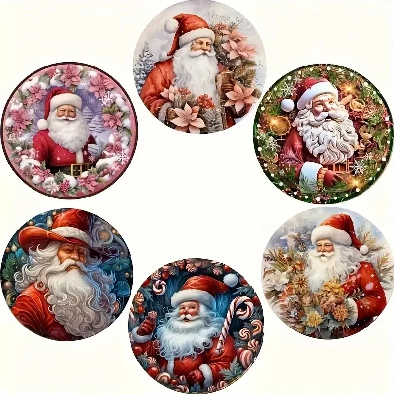 Ein 6-teiliges Set aus Holzuntersetzern mit Weihnachtsmann-Mustern für die Esstischdekoration zu Hause und als Weihnachtsgeschenk
