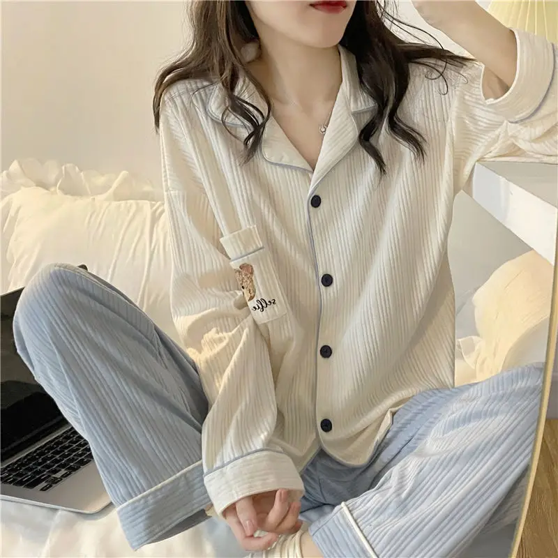 Pajamas Women\'s Autumn and Winter Cardigan Sweet Simple Student Cute Cartoon Spring Loungewear Set