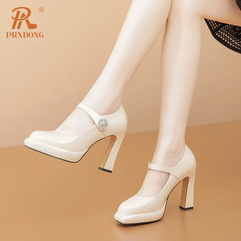 PRXDONG New Arrival Spring Summer Genuine Leather Women\'s Shoes High Heels Platform Mary Janes Dress Party Wedding Lady Pumps 39