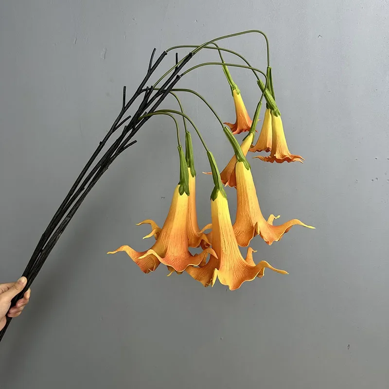 2 Buah Dekorasi Auditorium Bunga Buatan PU Cabang Datura Gantung Simulasi Bunga Buatan Berkualitas Tinggi Daturas Oranye