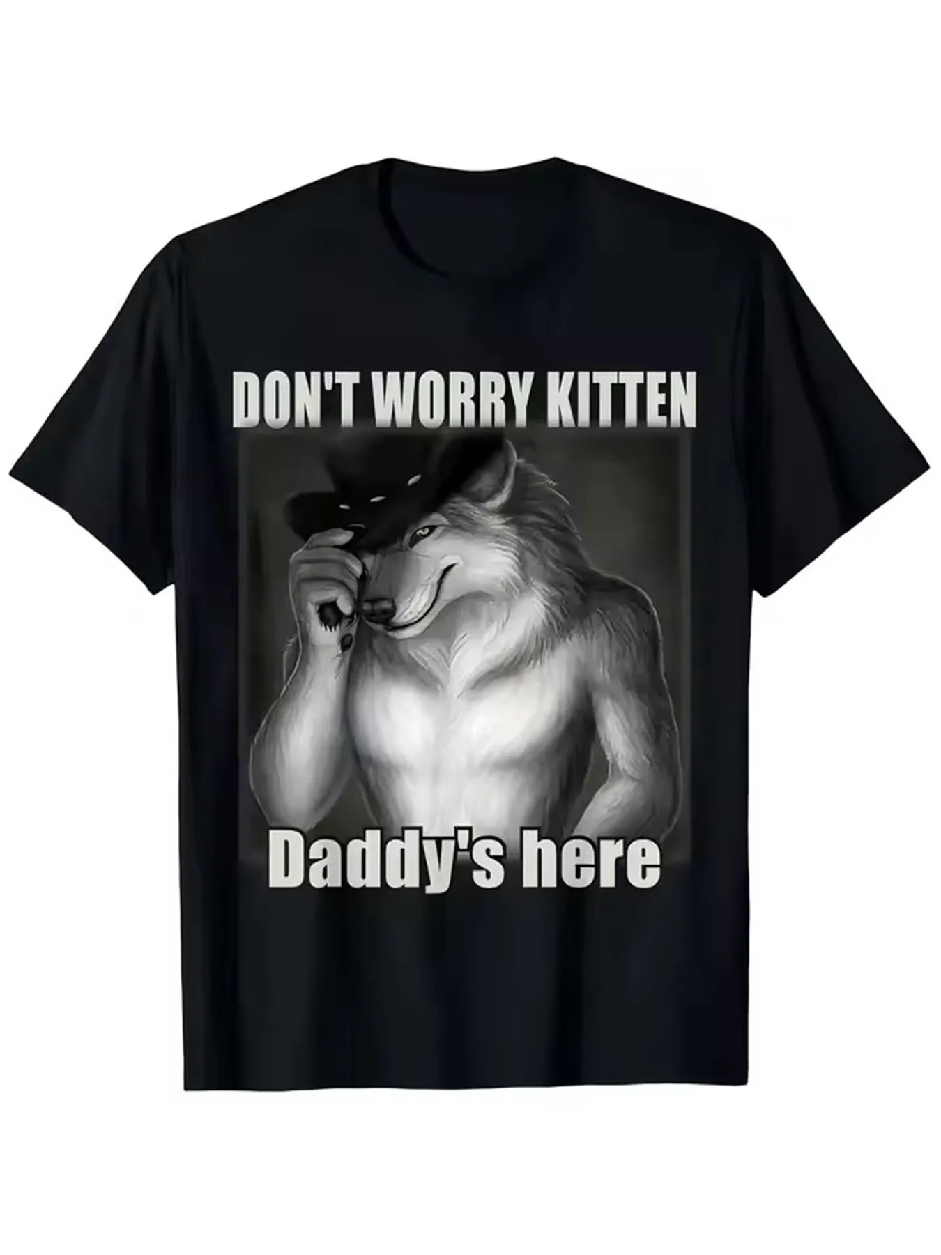Camiseta con gráfico divertido para hombre, camiseta con estampado gráfico divertido, Dont Worry Kitten Daddys Here Alpha Wolf Cowboy Hat, camiseta humorística