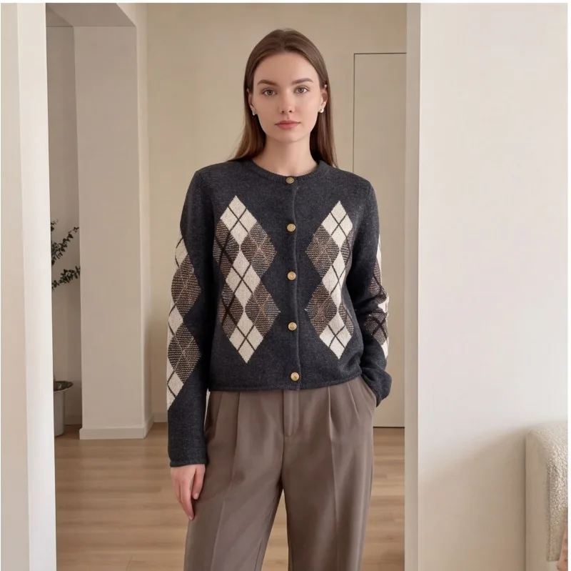 Guobioziy Womens Minimalist Style Argyle Knit Cardigan 2026 Autumn Casual O Neck Long Sleeve Button Up Chic Female Tops