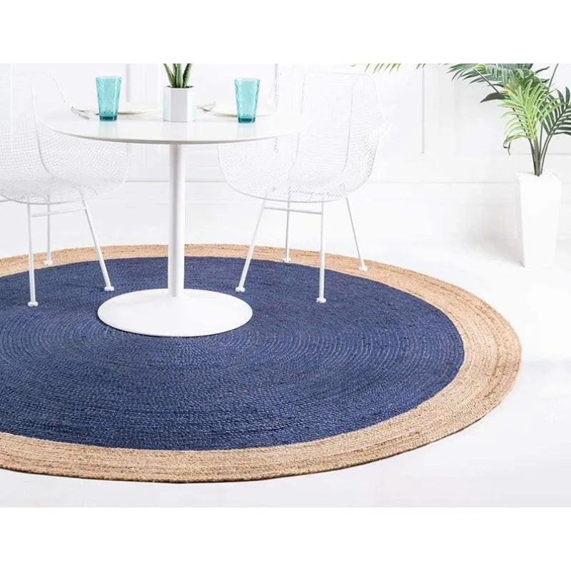 Round Rug 100% Natural Blue Jute Handmade Rug Living Area Home Carpet Rug