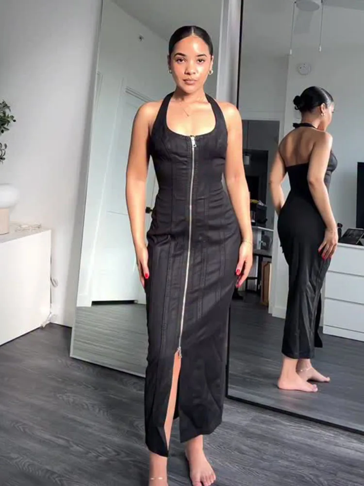 

HH Women's 2026 Summer Fashion Halter Neck Sexy Backless Slim Midi Dress Female Temperament Party Ankle Length Sleeveless Dress