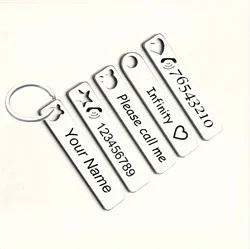 Custom Text Keychain Personalized Phone Number Name Tag Stainless Steel Key Chain Ring Anti-Lost Dog Tag Birthday Gift