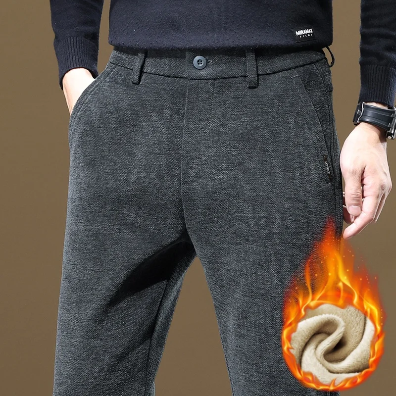 Winter Men's Lined Fleece Warm Casual Pants Comfortable Chenille Wool Thick Business Gray Pants Straight Fit Work Pants
