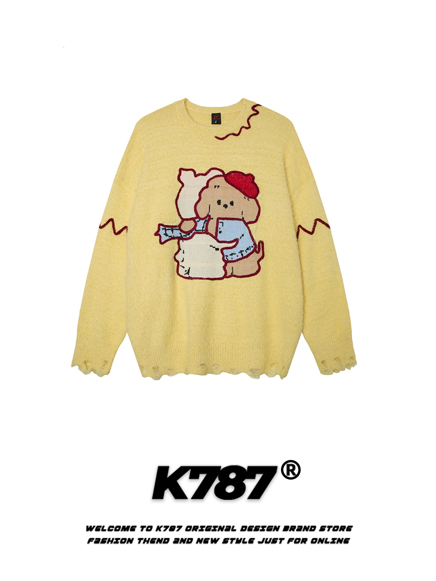 

K787 American Retro Cartoon Doggies round Ne Knitwear Women Loose Casual Sle Pink Sweater Autumn Winter Hole Design Stree...