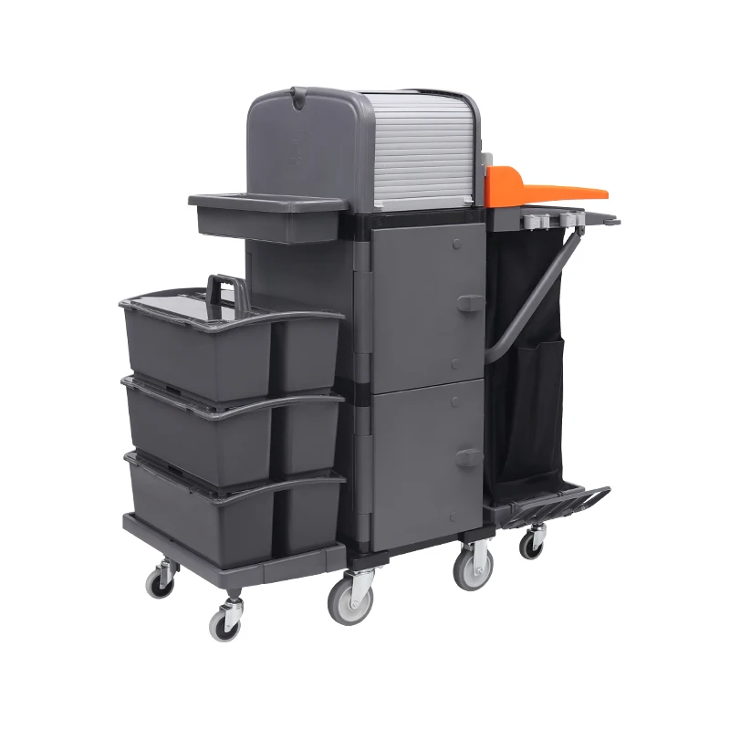 

Commercial Cleaning Supplier Luxury Waterless Multifunction Hotel Guestroom Cleaning Trolley With Brake
