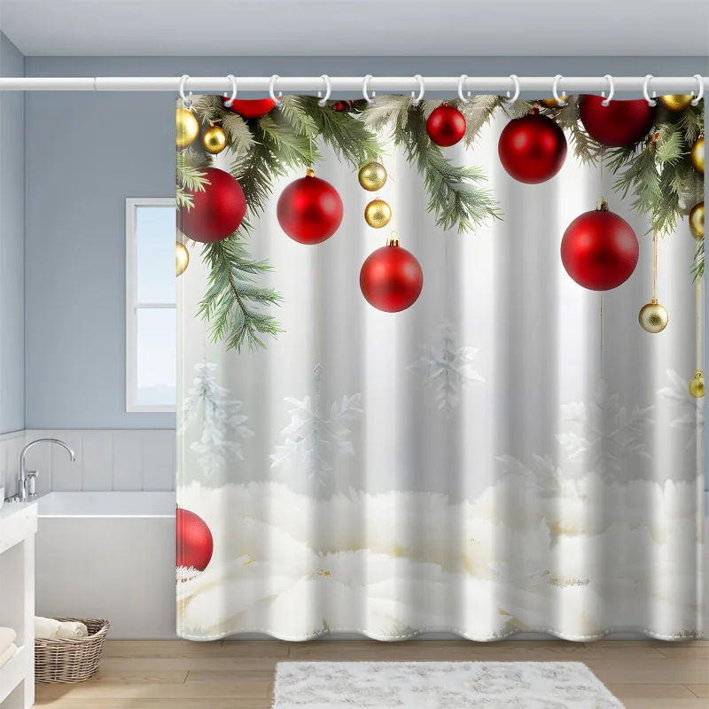 Christmas Cheer Shower Curtain - Waterproof Polyester with Snowflake, Pine & Ornament Design, Includes Hooks, Machine Washable -