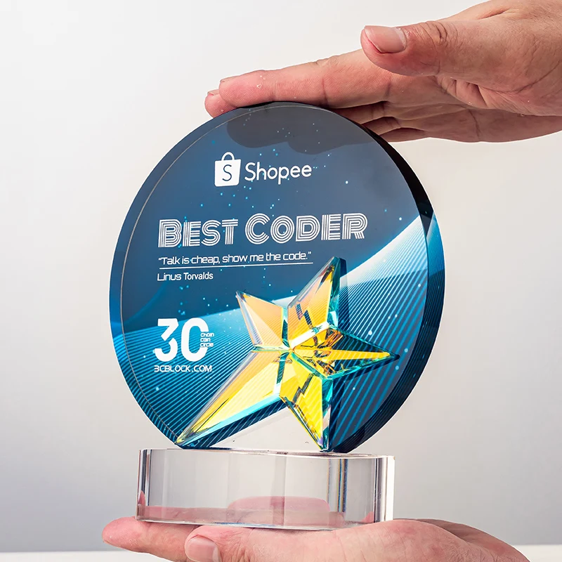 Lvshen Custom Engraved Round Optic Crystal Trophy on A Base Memorial Custom Trophy Gifts Personalized Employee Crystakl Award