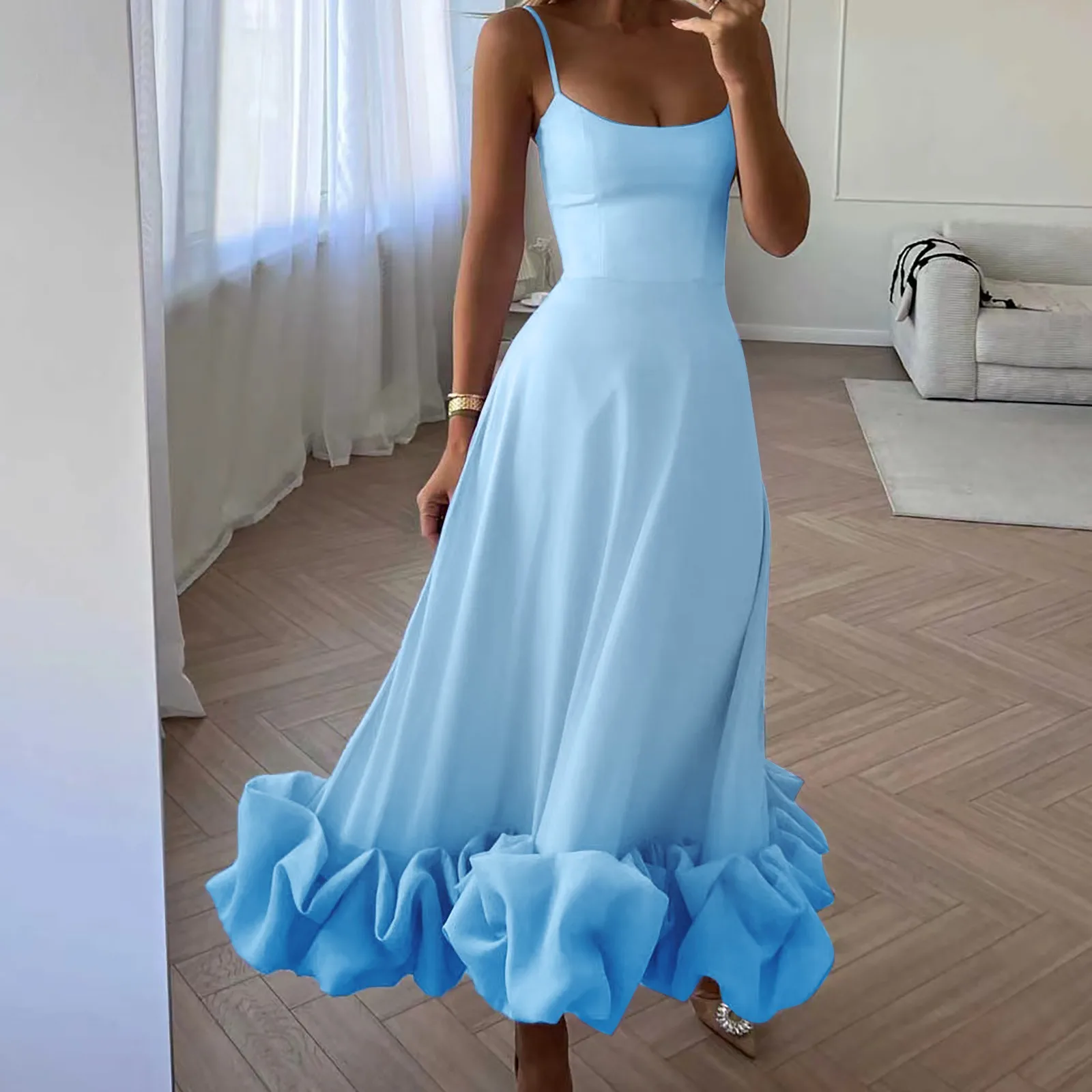 Vestido de Color sólido sin tirantes para mujer, vestido de una línea, detalle de flores 3d, falda elegante con dijes, vestido elástico oscilante para mujer