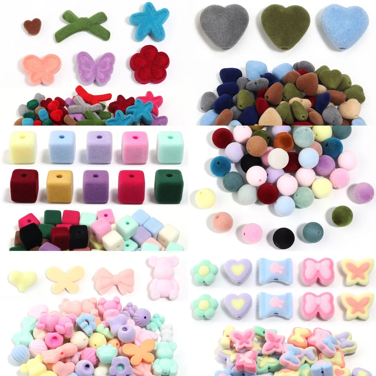 10pcs Colorful Acrylic Bead Flocking Velvet Round Ball Beads Square Bows Heart for DIY Crafts Ornament Making Charms Accessories