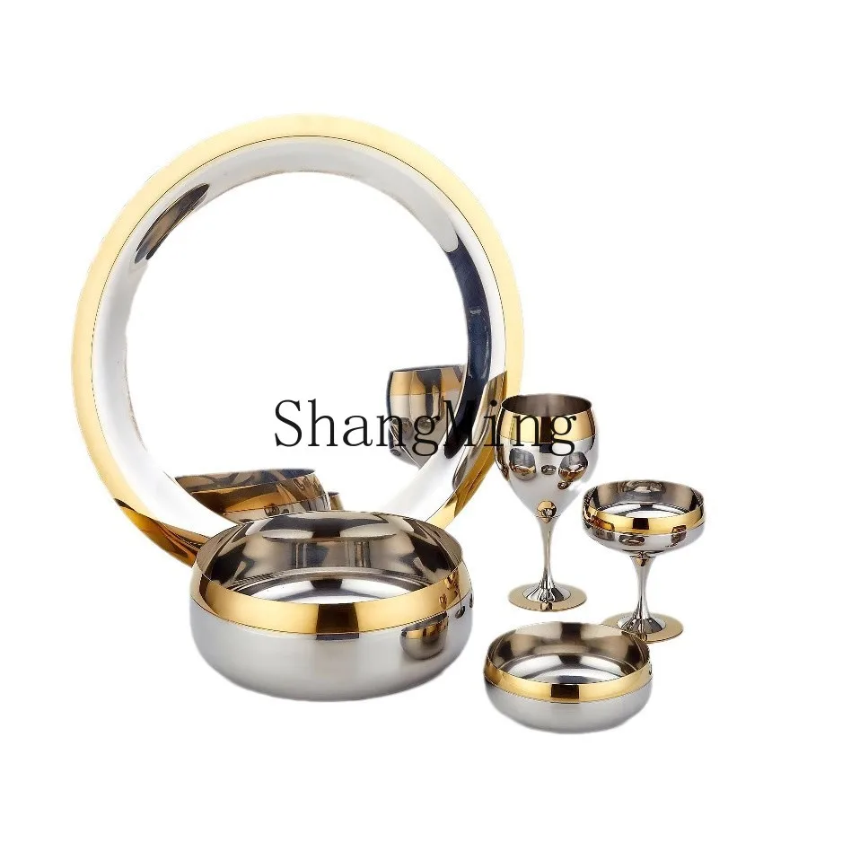 

PYH304 stainless steel gold-rimmed dish and cup set bar niche whiskey glass set