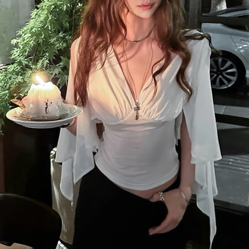 BKLD Fashion Elegant Women's Flowing Split Sleevs Deep V-neck Ruched Summer Sexy Slim Solid Sheer T-shirt Party Dating Lady Tops