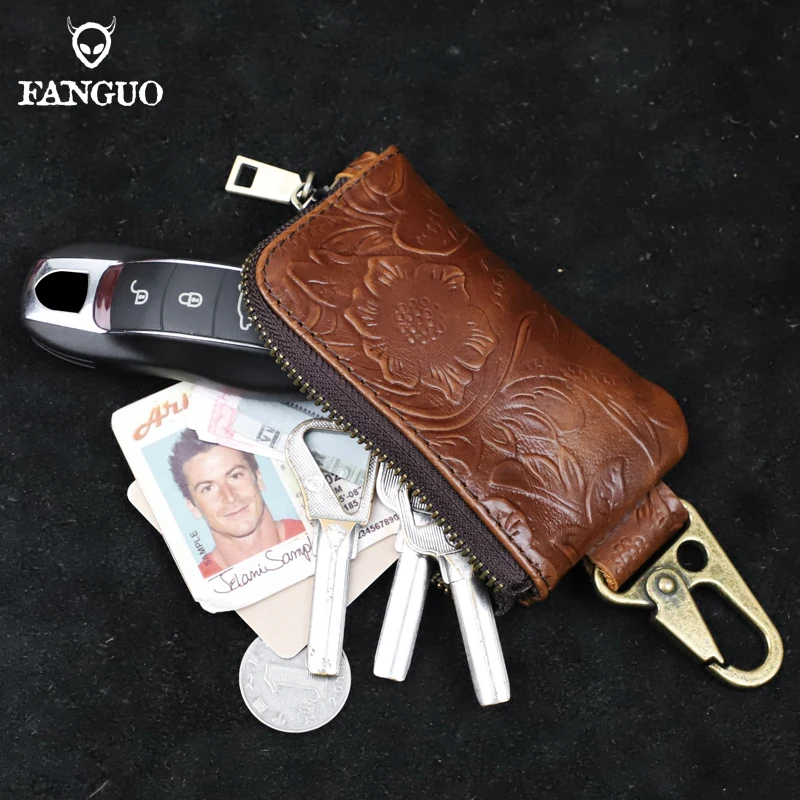 Handmade Genuine Leather Key wallet For Women, Men Car Smart Key Holder Housekeeper Keys Chain Zipper Organizer Bag Purse