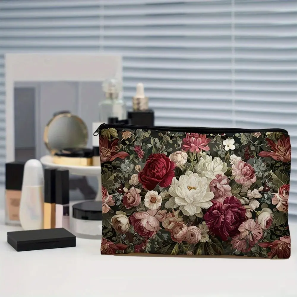 Zipper Closure Makeup Bag Printed Pattern Rectangular Shape Toiletry Bag Portable Wide Storage Space Storage Bag