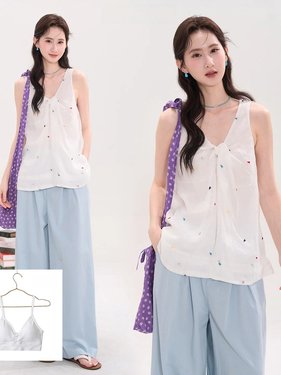

Heme Summer Chapter Linen Heart Embroidery Buttonl Svel Vest irt Women's Sweet Sle Loose Fit V-ne China Made