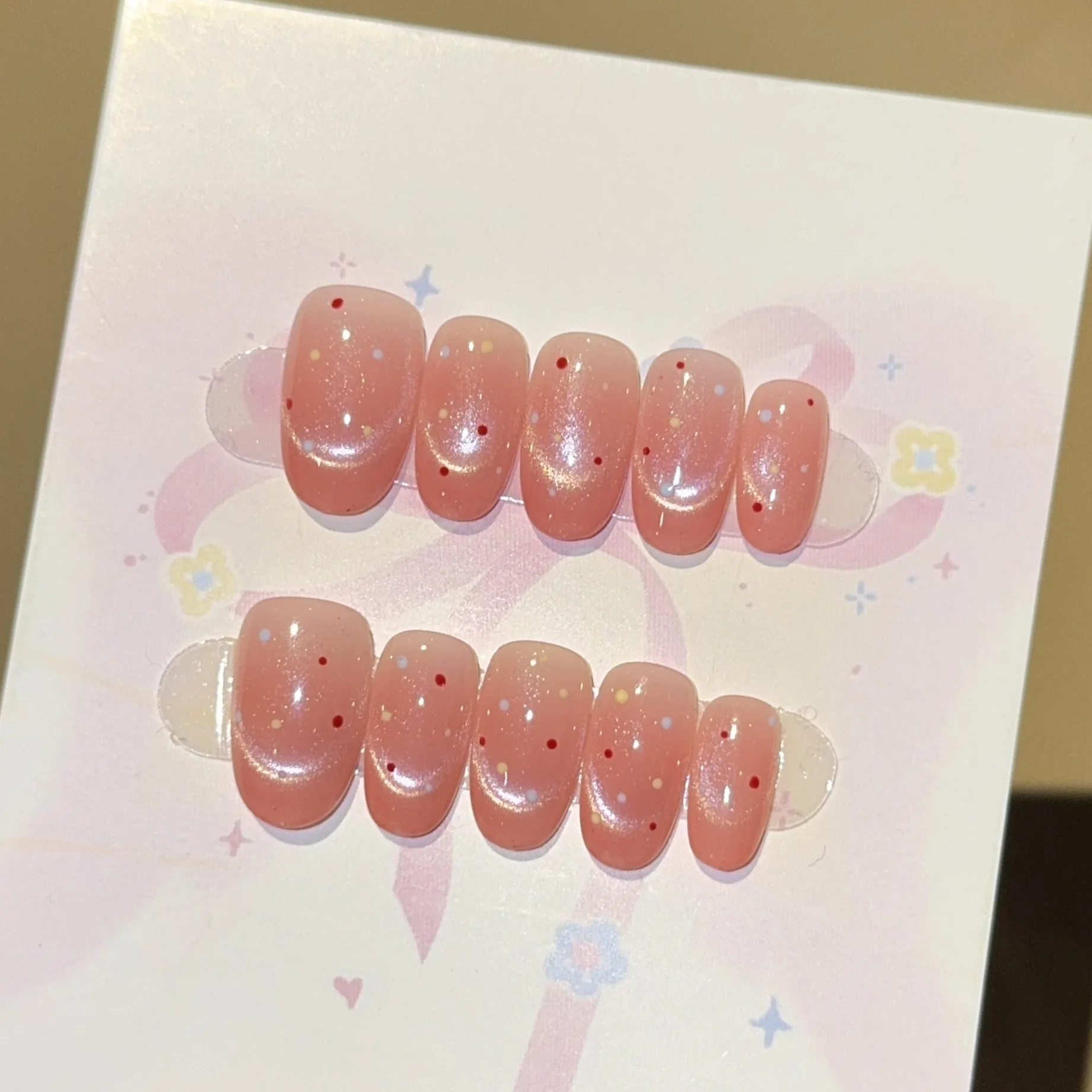 

10pcs Handmade Short Oval Press On Nails Shiny Pink Cat Eye Polka Dot Design Lovely Fake Nails Wearable Nails Art Tips For Girls