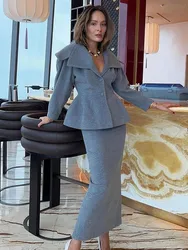 Women Elegant Grey Woolen Coat Skirt Set Fashion Big Lapel Button Full Sleeves Suit 2024 Autumn Office Lady Commute Streetwear