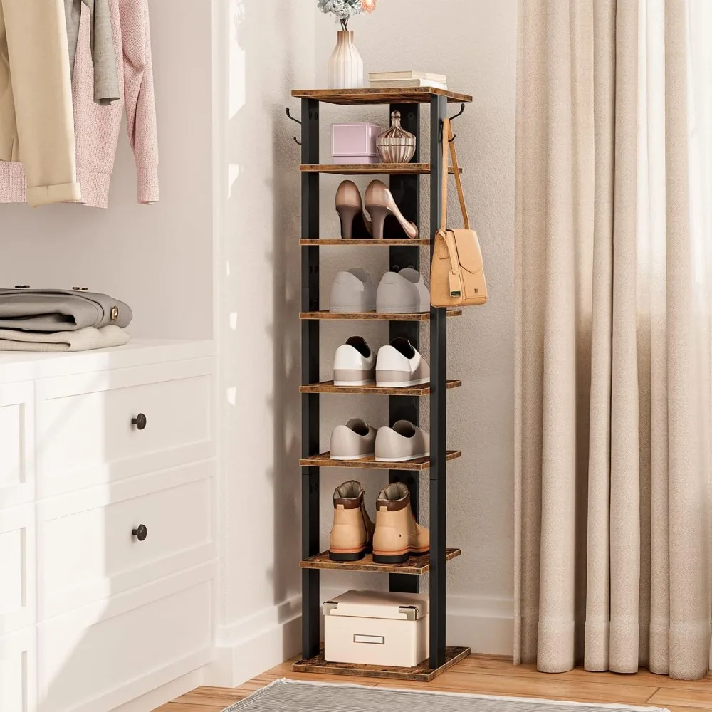 

8 Tiers Vertical Shoe Rack, Wooden Shoe Storage Organizer with Hooks, Narrow Shoe Tower for 8 Pairs,