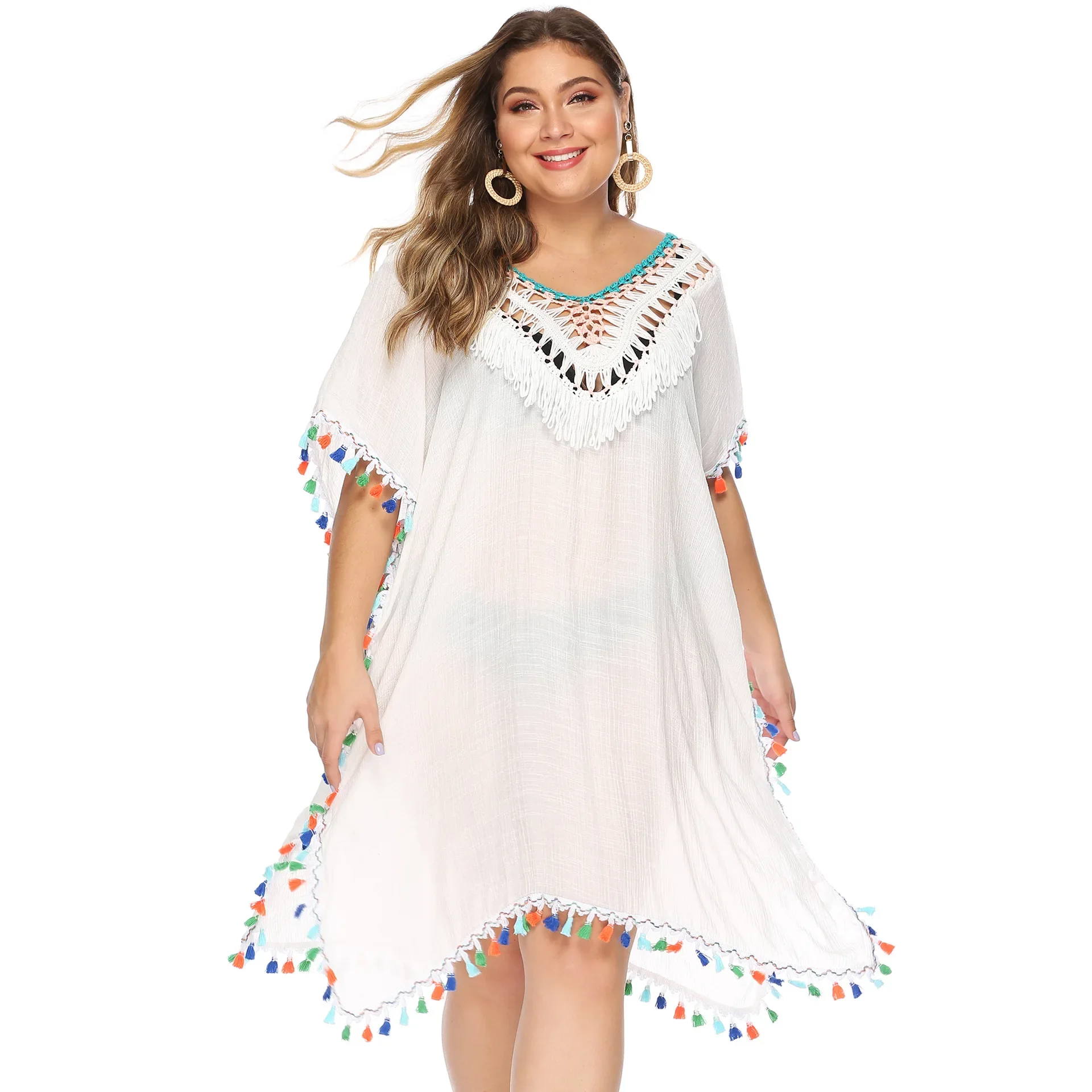 Effen Vrouwen Plus Size Bikini Cove Up Korte Mouw Grote Grote Tuniek Dame Mollige Strandjurk Kwasten Holle Badpak Cover-Ups