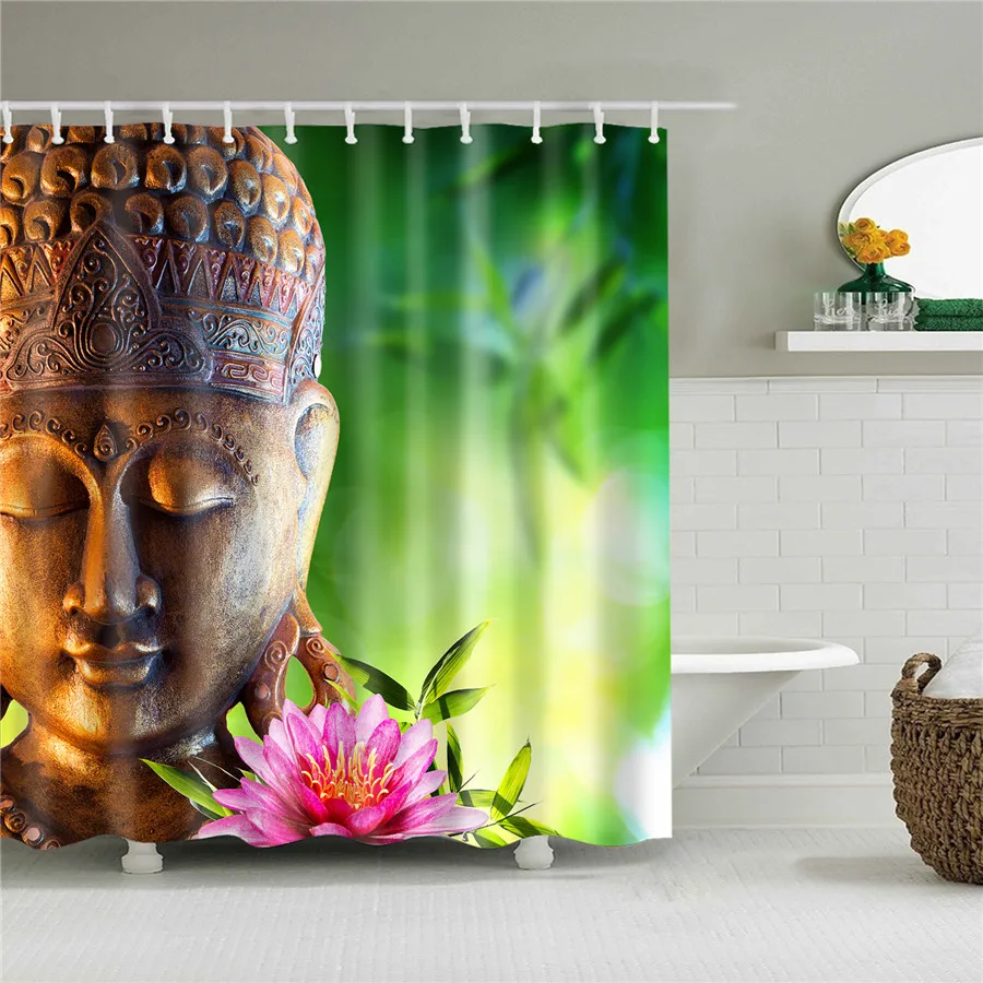 Rural Landscape Creek Stone Lotus Buddha Shower Curtain Bathroom Curtain Frabic Waterproof Polyester Bath Bathtub Screen Curtain