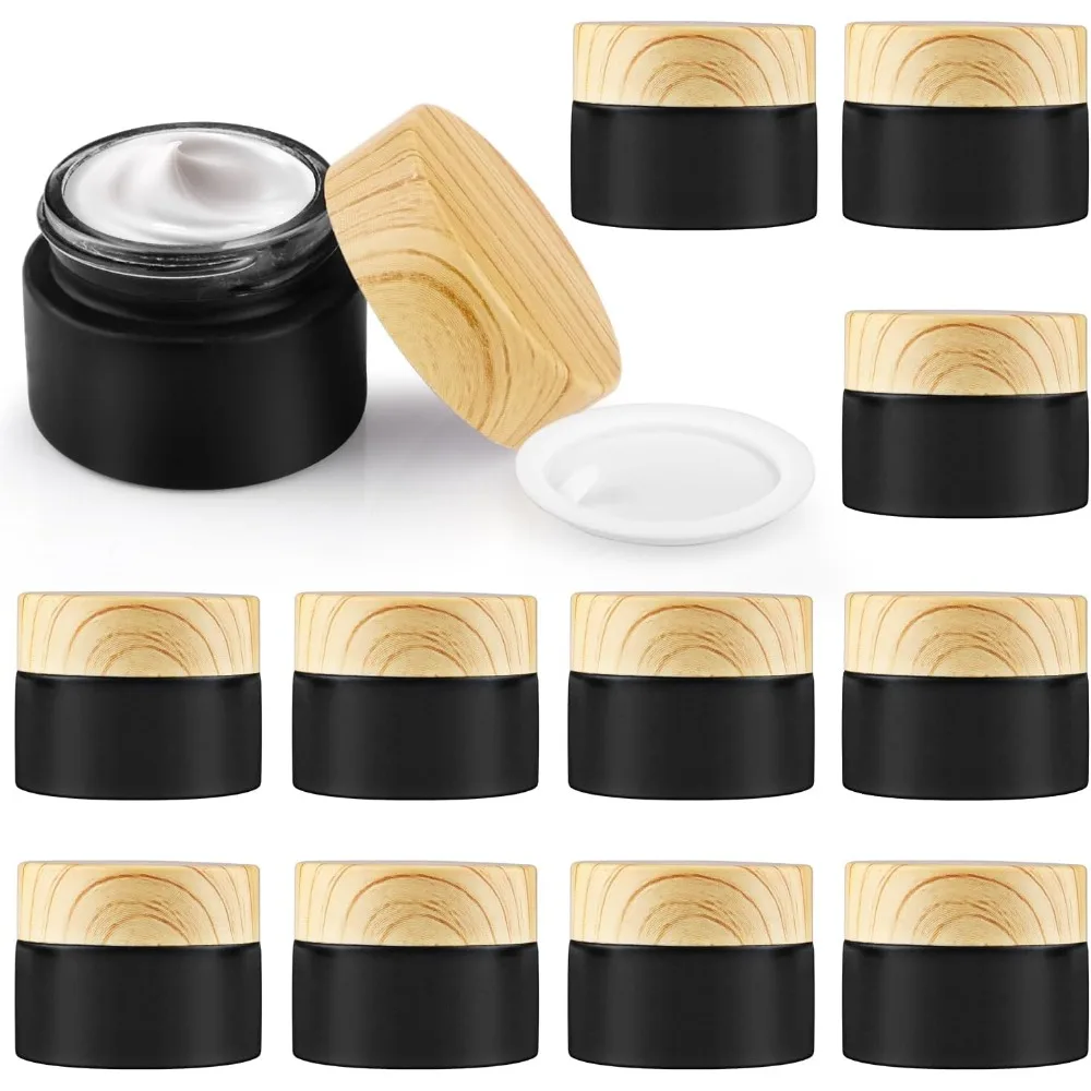 12 Stück 10/15/20/30/50g Kosmetik-Cremetiegel aus schwarzem, mattiertem Glas, leere Probentiegel, tragbarer Reise-Make-up-Behälter für Lotion und Creme – Detail 1