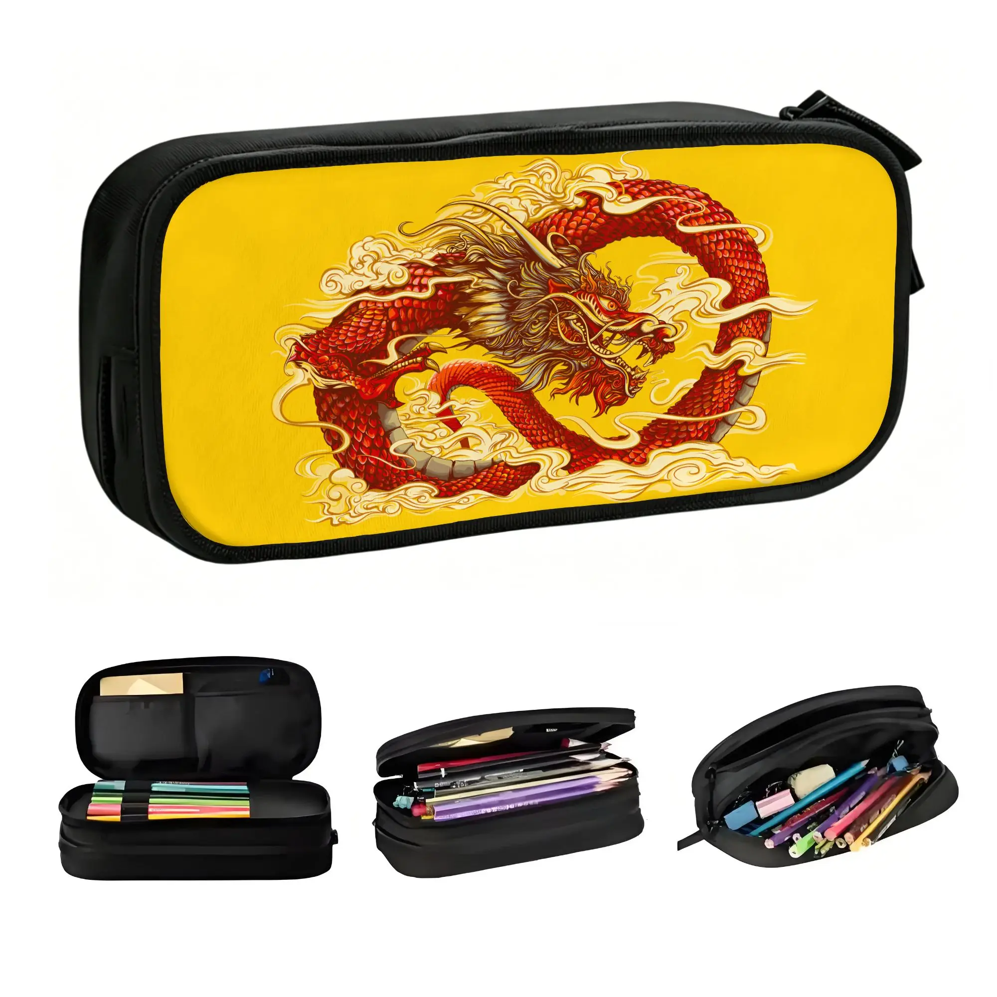 

Custom Cute China Dragon Red Pencil Cases for Boys Girls Large Storage Oriental Mythical Pencil Bag School Accessories