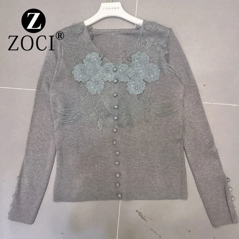 [ZOCI] 2024 Autumn V-neck Spliced Lace Long Sleeve Knitted Shirt Stylish Look Thin Bottom Top