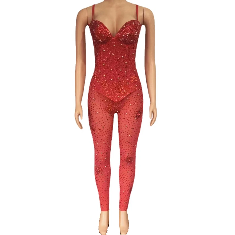 Sparkly Steentjes Mesh Transparante Jumpsuit Sexy Strakke Birthday Party Nachtclub Outfit Zanger Dancer Show Rompertjes Stadium Slijtage