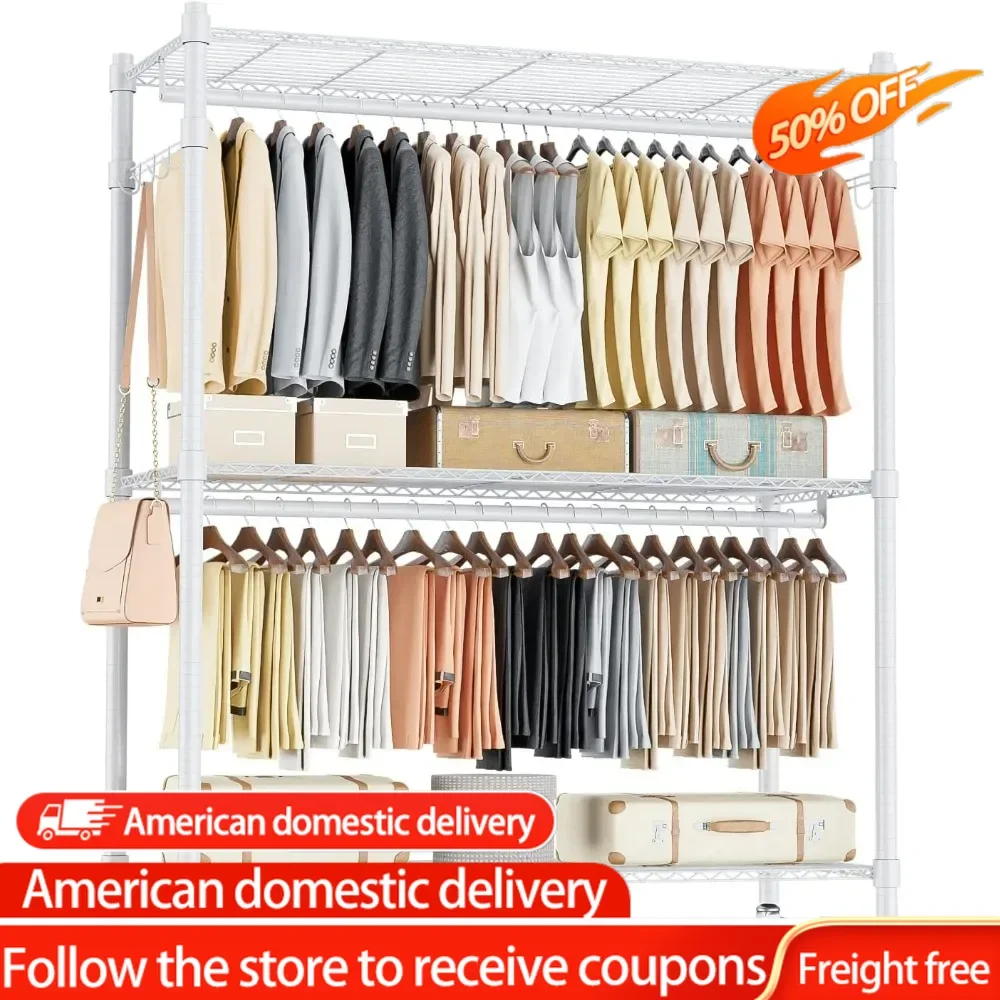 

3 Tier Garment Rack with Wheels, Portable Closets for Hanging Clothes Heavy Duty, Closet Racks with Double Hanger Rods