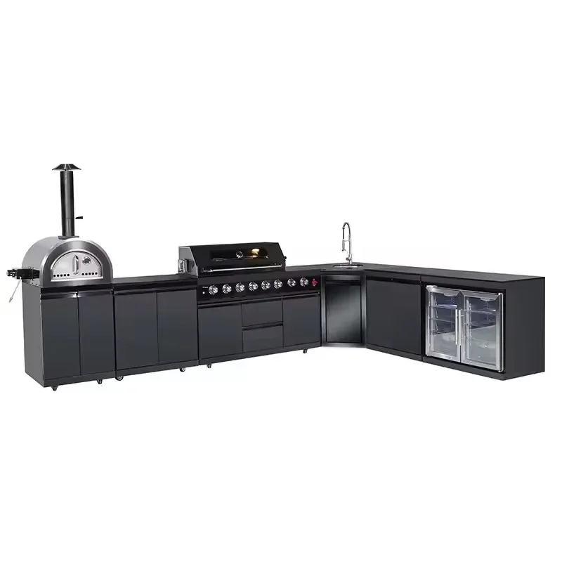 شواية المطبخ الخارجية على شكل جزيرة الشواء، خزانة شواء من الفولاذ المقاوم للصدأ باللون الأسود على شكل حرف L #3